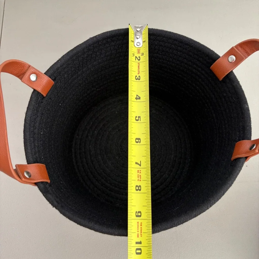 Set of 2 Black Woven Cotton Rope Baskets with Leather Handles Nested Storage